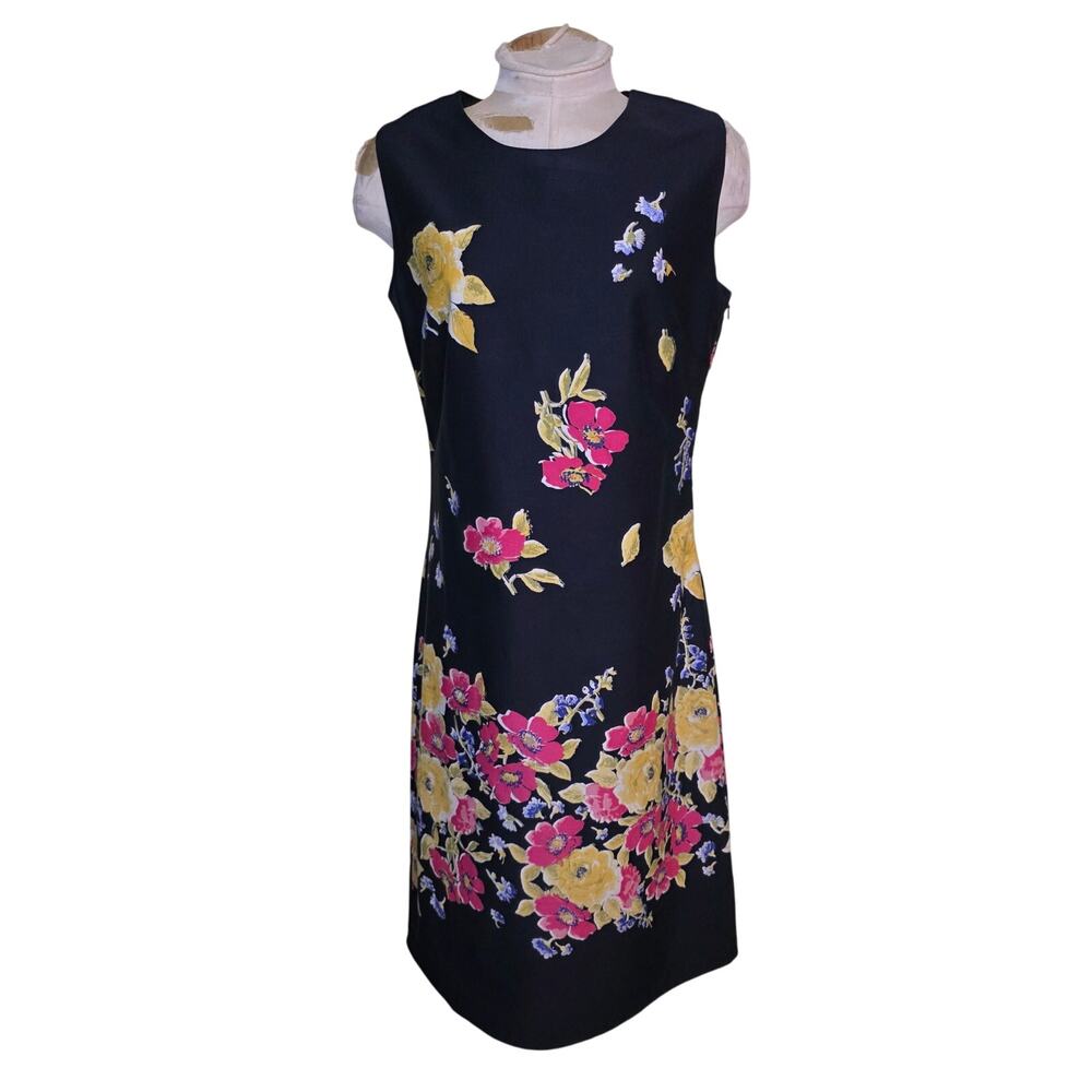 Norm Thompson Vintage Black Floral Midi Dress Small Side Zipper